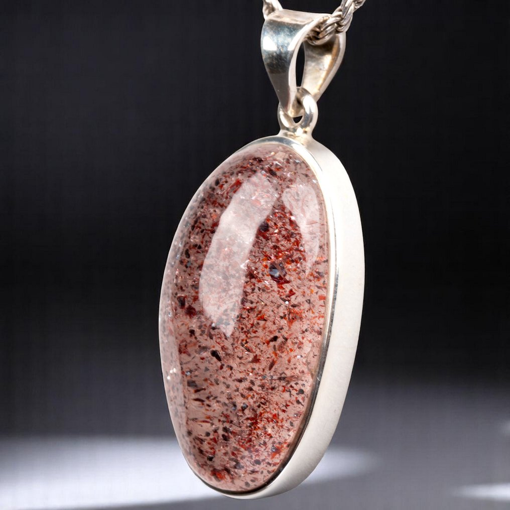 Rare Quartz with Red Lepidocrocite Inclusion Sterling Silver Pendant with Strawberry Quartz – Natural Inclusions - Height: 43 mm - Width: 20 mm- 14 g #3.2