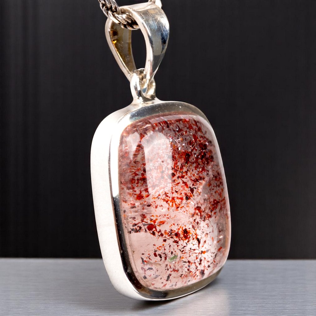 Rare Quartz with Red Lepidocrocite Inclusion Sterling Silver Pendant with Strawberry Quartz – Natural Inclusions - Height: 32.5 mm - Width: 18.7 mm- 14 g #4.3