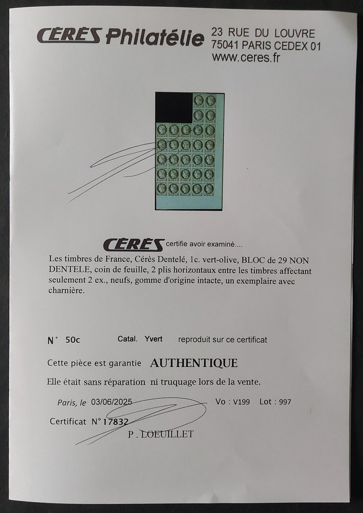 法国 1872 - 无齿Cérès，1枚橄榄绿色硬币，全新4枚一组，由Calves签名并附有证书 - Yvert 50c #2.1