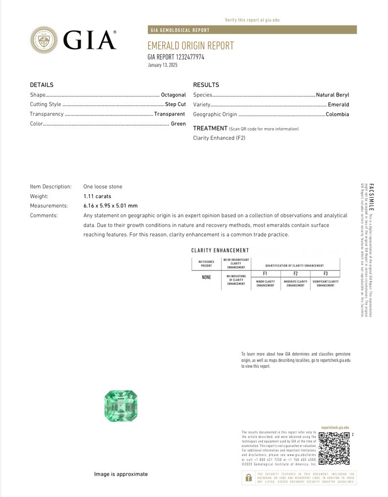 1 pcs Grön Smaragd - 1.11 ct - Gemological Institute of America (GIA) - Inget bud #2.1