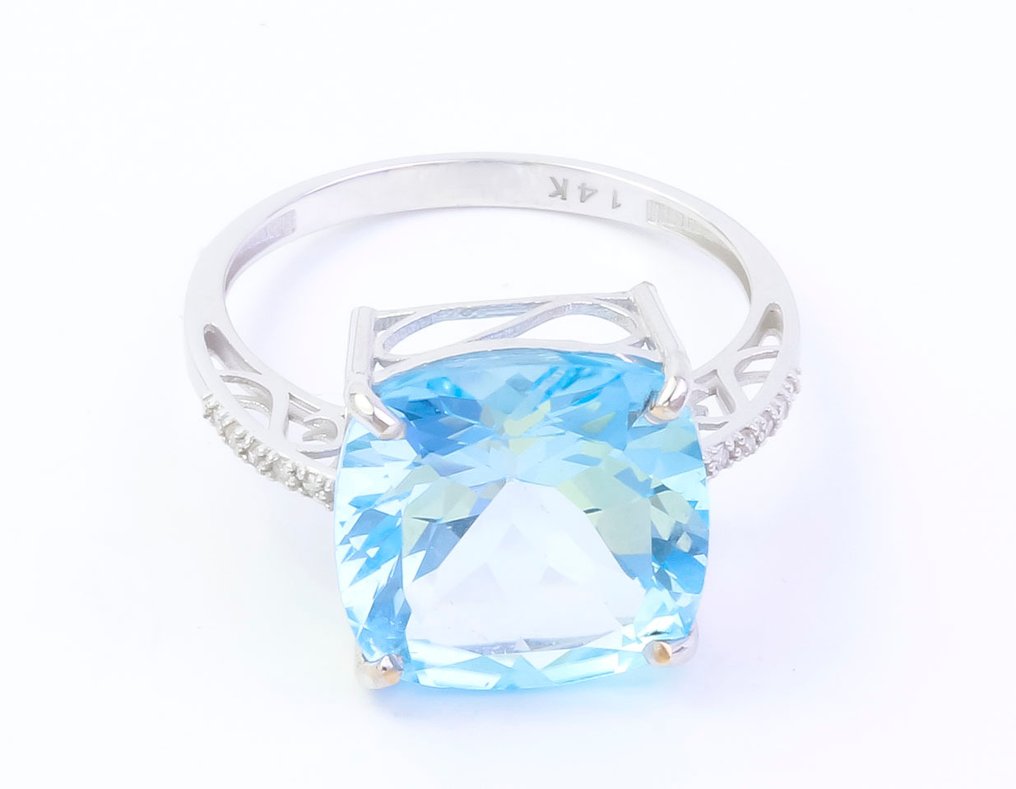 Ei pohjahintaa - Sormus - 14 kt. Valkokulta Topaasi - Timantti #2.1