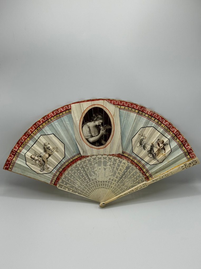 Rare Italian Hand Fan – Grand Tour Period, circa 1780–1790 – Chicken Skin Leaf – Bone Sticks – Håndholdt vifte - Ben #3.2