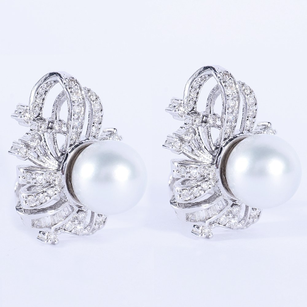 耳环 - 14K包金 白金 -  15.58ct. tw. 钻石 (天然) - 珍珠钻石耳环 #4.3