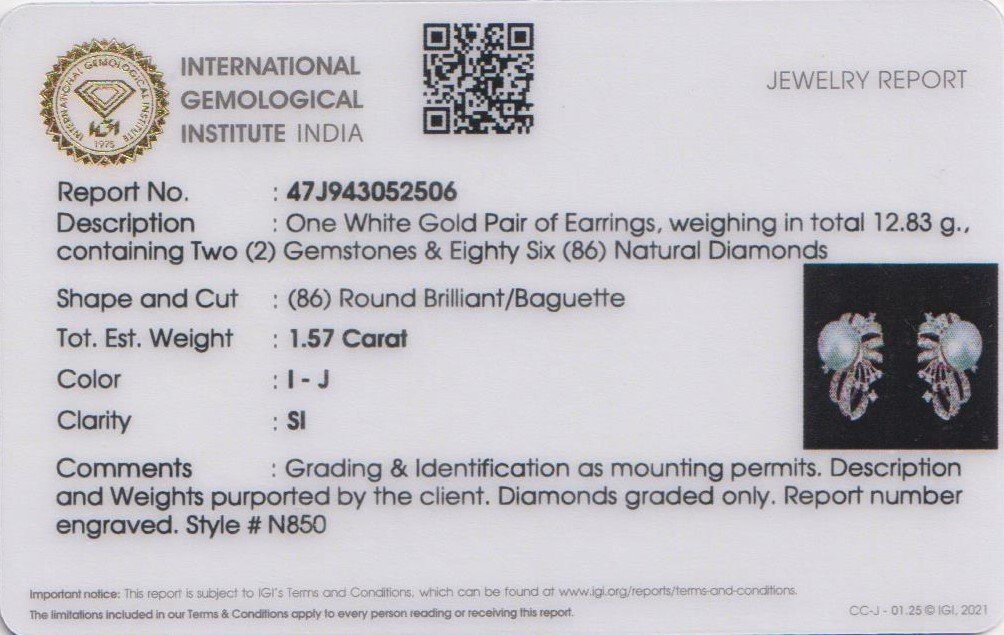 耳环 - 14K包金 白金 -  15.58ct. tw. 钻石 (天然) - 珍珠钻石耳环 #2.1