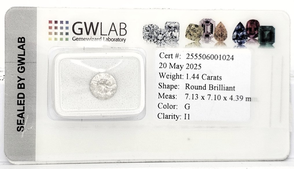 1 pcs Diamant (Natural) - 1.44 ct - Rund - G - I1 - Gemewizard Gemological Laboratory (GWLab) - G/I1 #2.1