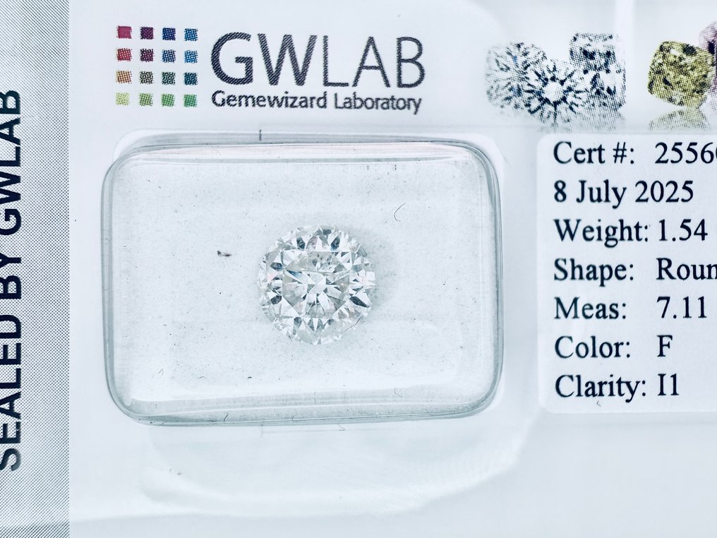 1 pcs 钻石  (天然)  - 1.54 ct - 圆形 - F - I1 内含一级 - Gemewizard宝石实验室（GWLab） - 自然 #1.0