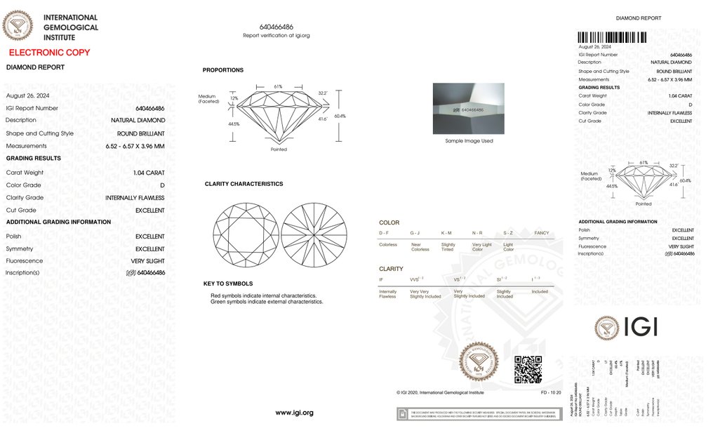 1 pcs Diamant (Naturlig) - 1.04 ct - Rund - D (fargeløs) - IF - Det internasjonale gemologiske institutt (IGI) - *3EX VSL* #2.1
