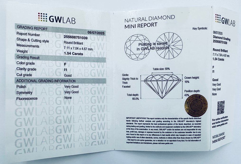 1 pcs 钻石 (天然) - 1.54 ct - 圆形 - F - I1 内含一级 - Gemewizard宝石实验室(GWLab) - 自然的 #4.3