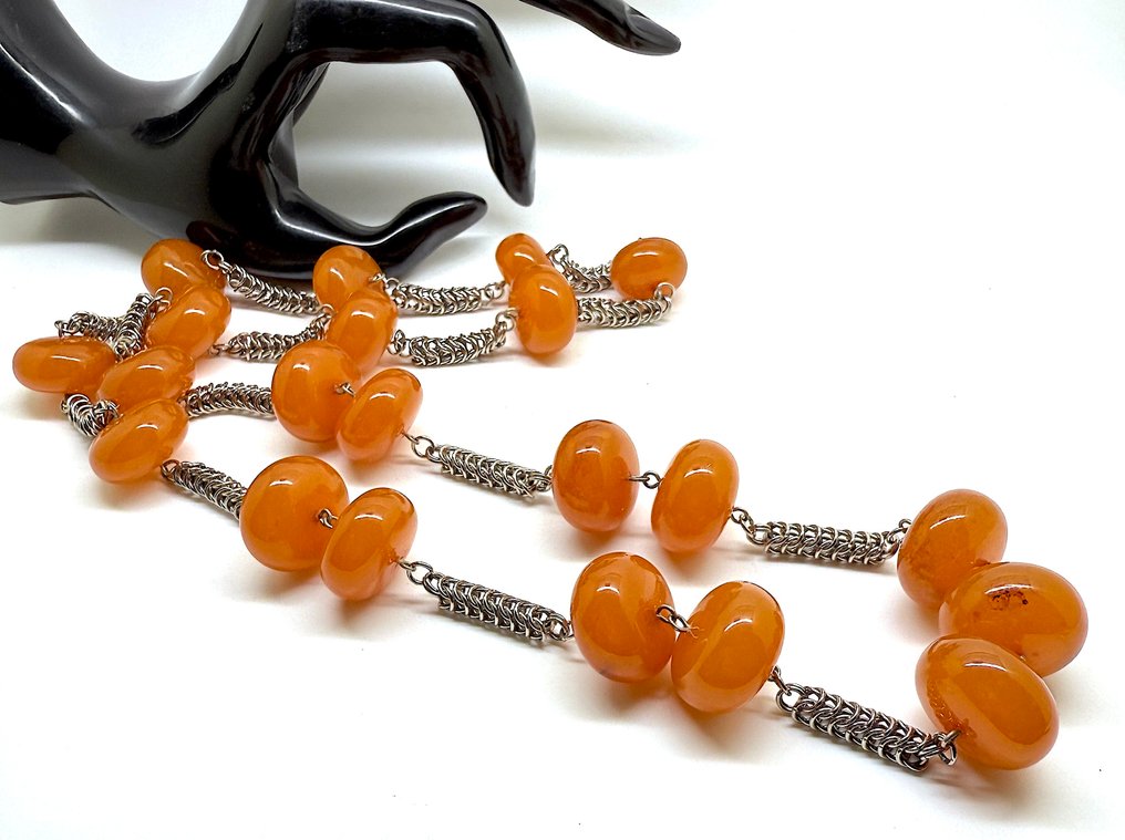 Collana in stile Art Deco con grandi perle di ambra baltica, lunghezza 86,6 cm. - Ambra - Succinite / fossilized pine tree resin #2.1