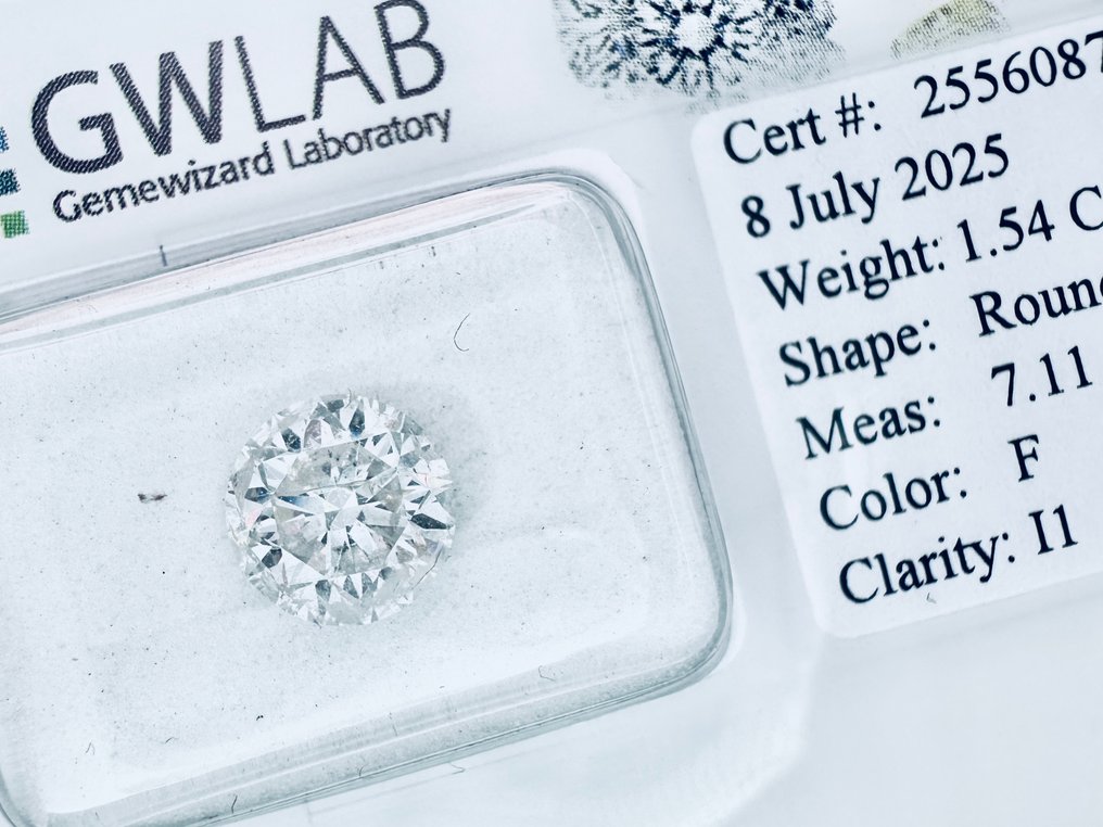 1 pcs 钻石  (天然)  - 1.54 ct - 圆形 - F - I1 内含一级 - Gemewizard宝石实验室（GWLab） - 自然 #1.0