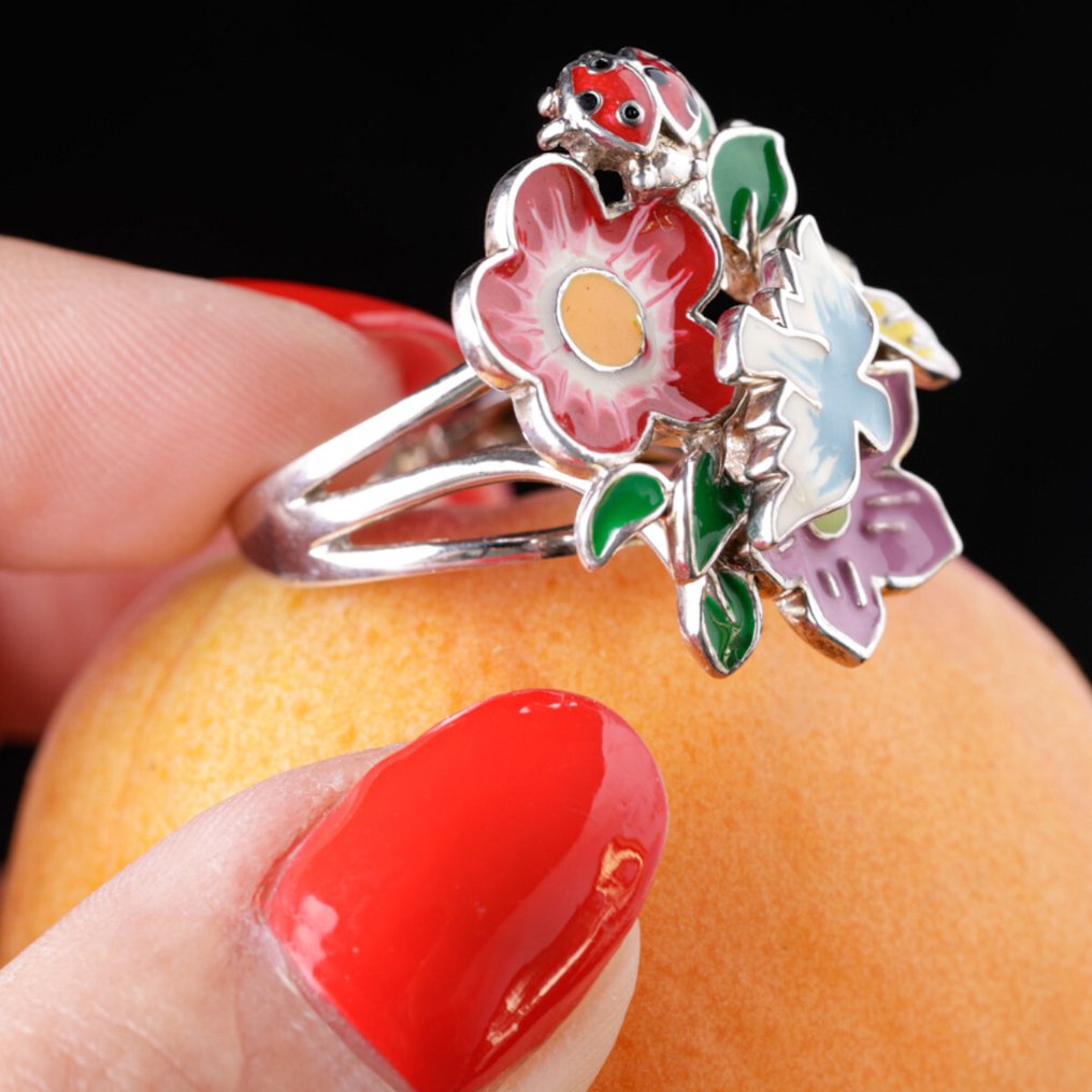 珐琅银戒指——魔法花园，带来好运的瓢虫 - 高度: 28 mm - 闊度: 23 mm- 12.8 g #4.3