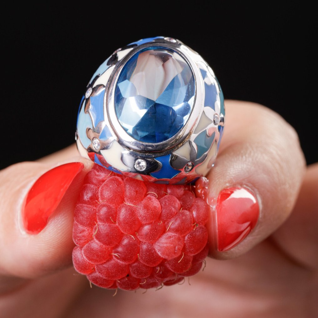 搪瓷银戒指，镶嵌水晶 — 冬日花园 - 高度: 26 mm - 闊度: 24 mm- 8.8 g #1.0