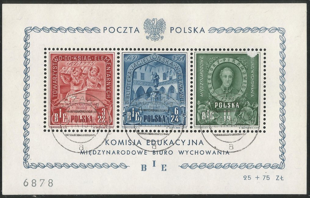 Πολωνία 1946 - Διεθνές Γραφείο Εκπαίδευσης, ακυρωμένο φύλλο αναμνηστικών - ΣΠΑΝΙΟ - υπογεγραμμένο από τον Krawczyk - Mi# PL BL 9 #1.0