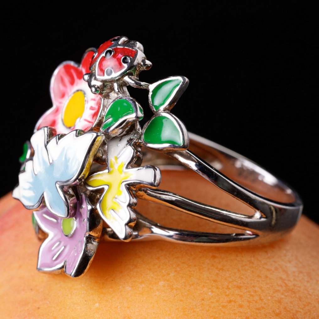 珐琅银戒指——魔法花园，带来好运的瓢虫 - 高度: 28 mm - 闊度: 23 mm- 12.8 g #2.1