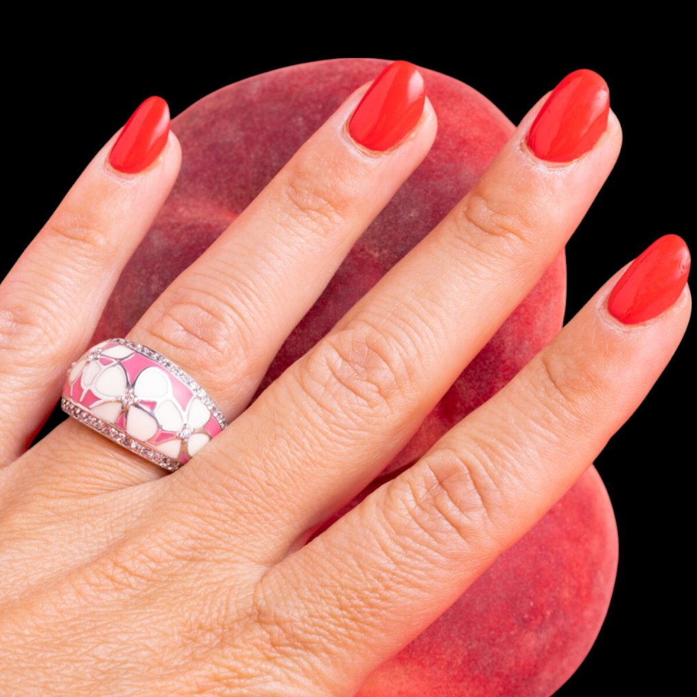 粉色珐琅银戒指，饰有花卉和水晶 - 高度: 14 mm - 闊度: 25 mm- 7.6 g #2.1