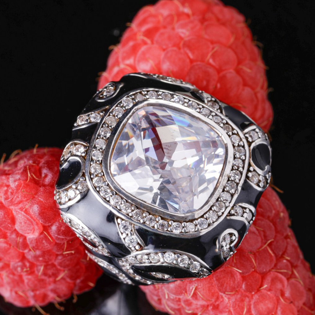 黑色珐琅银戒指，配有超清水晶——Scintilla barocca - 高度: 27 mm - 闊度: 27 mm- 16.7 g #3.2