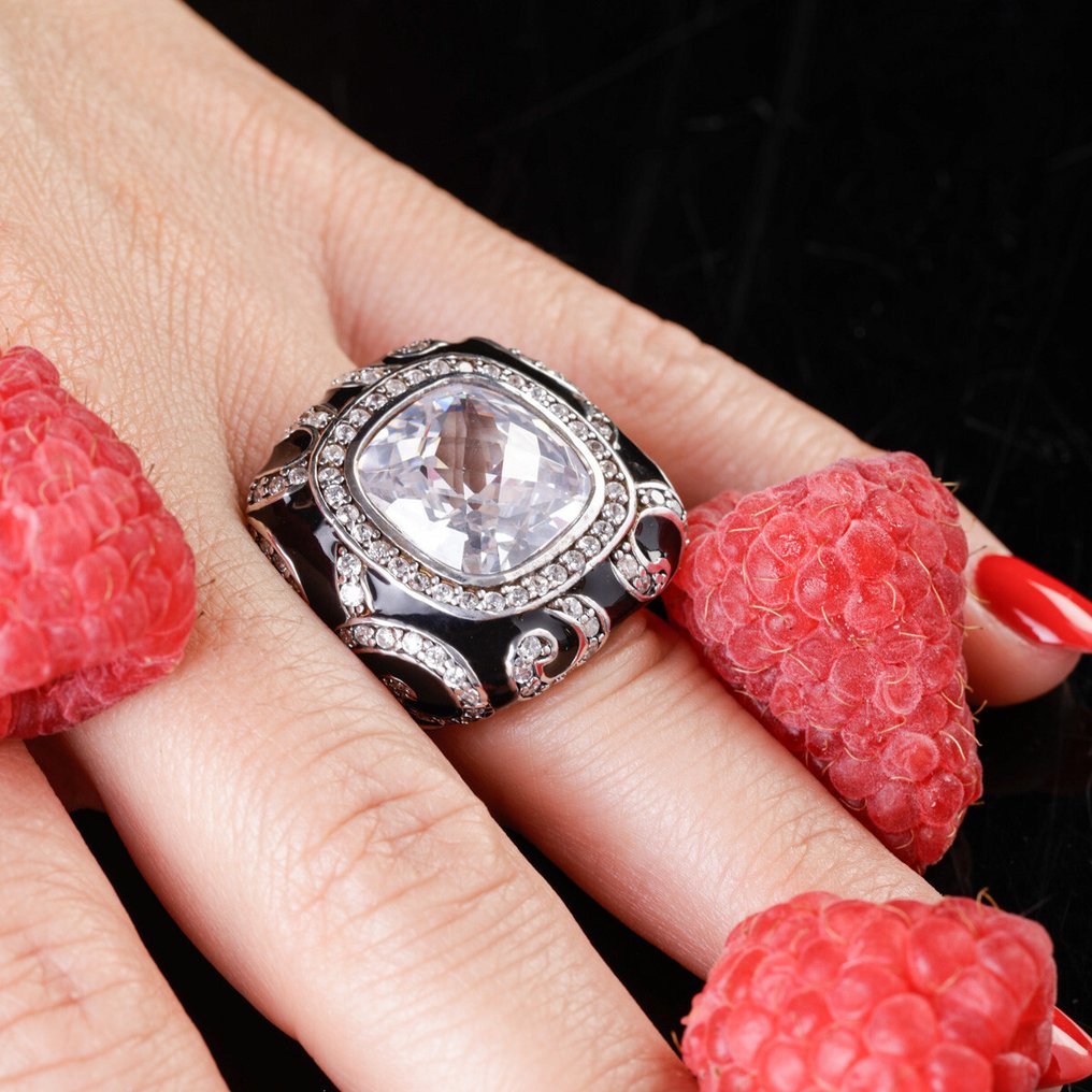 黑色珐琅银戒指，配有超清水晶——Scintilla barocca - 高度: 27 mm - 闊度: 27 mm- 16.7 g #1.0