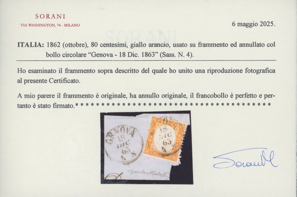 意大利王国 1862 - 维多利亚女王像，稀有的80分黄色橙色齿孔，用于1863年12月18日在热那亚的一片碎片上 - Sassone n.4 #1.0