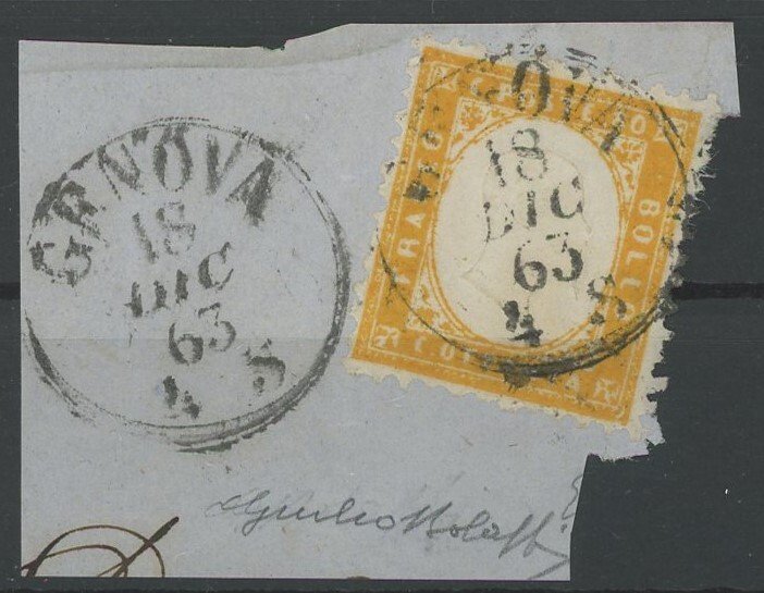 意大利王国 1862 - 维多利亚女王像，稀有的80分黄色橙色齿孔，用于1863年12月18日在热那亚的一片碎片上 - Sassone n.4 #1.0