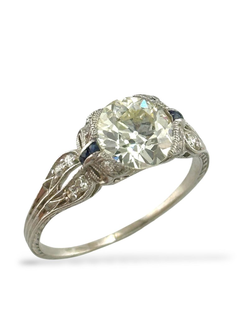Bague Platine, Anneau en platine avec un diamant de coupe européenne ancienne de 2,10 carats entouré de diamants -  2.23ct. tw. Diamant (Naturelle) - Diamant #2.1