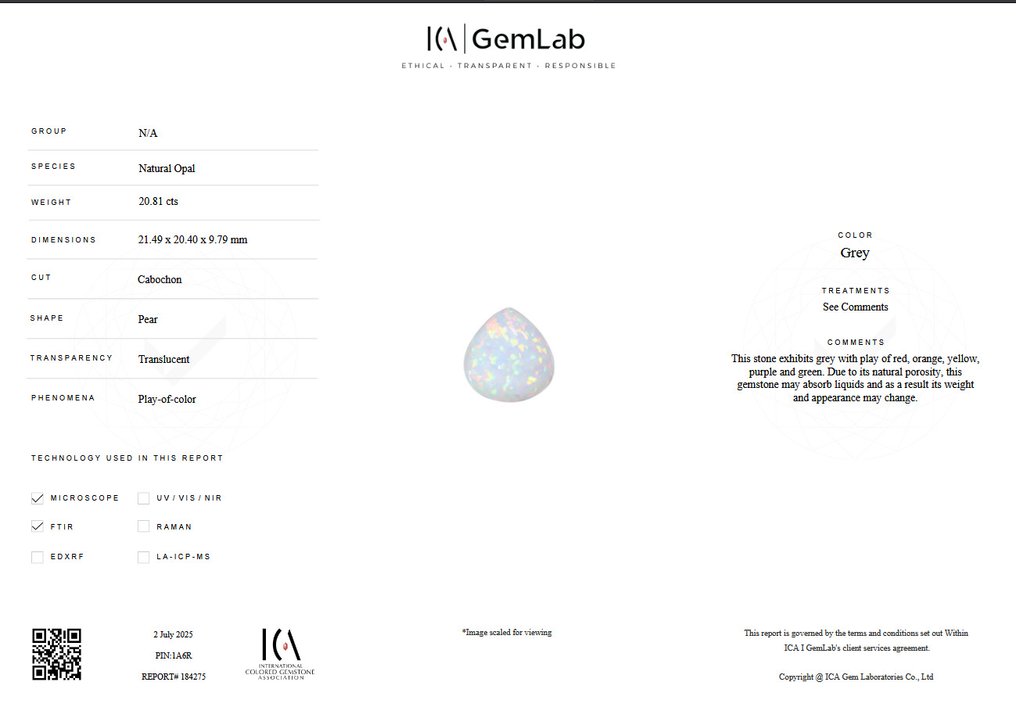 Grijs Opaal - 20.81 ct - nternational Colored Gemstone Association (ICA GemLab) - Top Regenboogkleuren #2.1