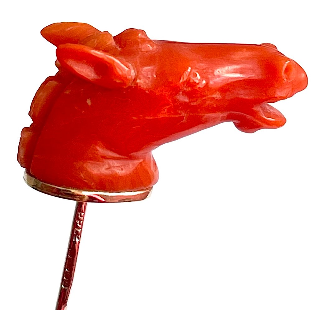 珊瑚 - 古董意大利珊瑚9克拉黄金雕刻马形领带夹,附原装盒,马术主题 - 領帶夾 #4.3