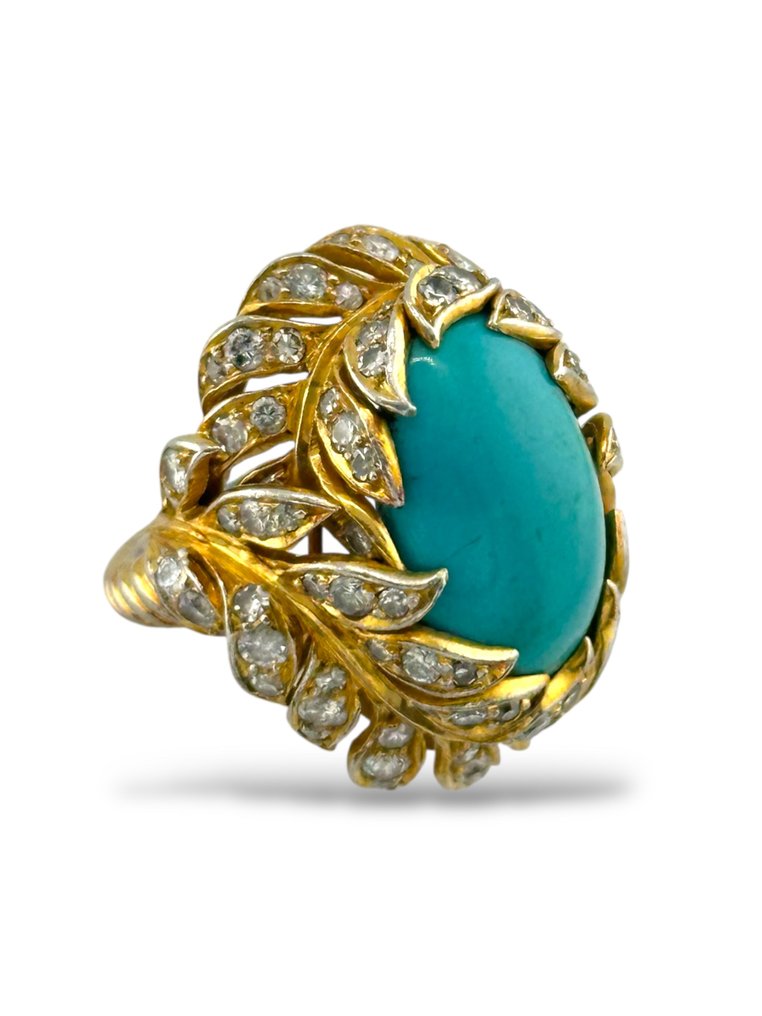 Bague - 18 carats Or blanc, Or jaune, Bague en or 18 carats jaune et blanc à deux tons avec turquoise et 3,00 carats de diamants - 3.00ct. tw. Diamant (Naturelle) #3.2