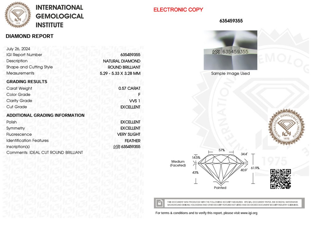 1 pcs Gyémánt  (Természetes)  - 0.57 ct - Kerek - F - VVS1 - Nemzetközi Gemmológiai Intézet (IGI) - Ex Ex Ex #3.2