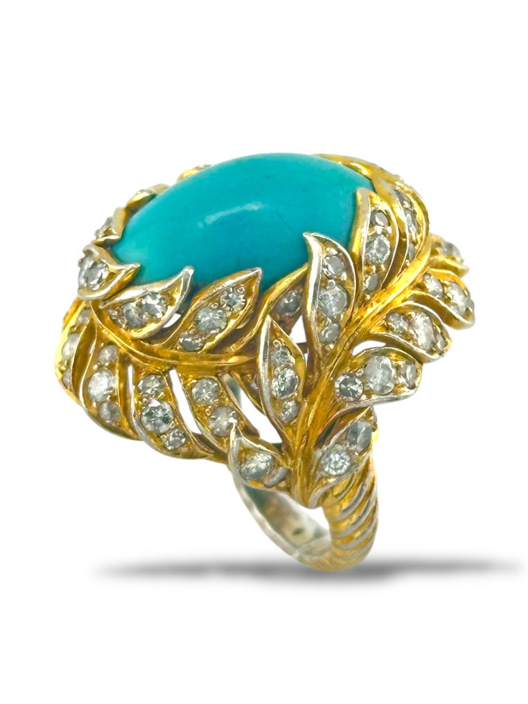 Bague - 18 carats Or blanc, Or jaune, Bague en or 18 carats jaune et blanc à deux tons avec turquoise et 3,00 carats de diamants - 3.00ct. tw. Diamant (Naturelle) #1.0