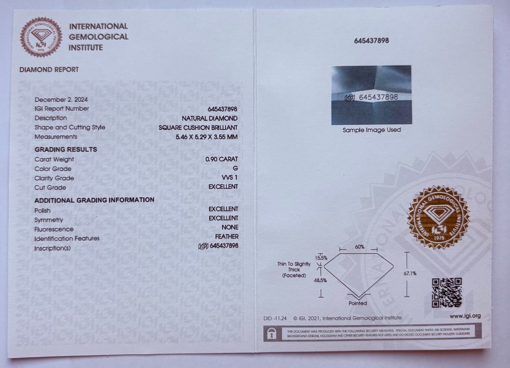 1 pcs 钻石  (天然)  - 0.90 ct - 枕形 - G - VVS1 极轻微内含一级 - 国际宝石研究院（IGI） - Ex Ex Ex 无 #2.1