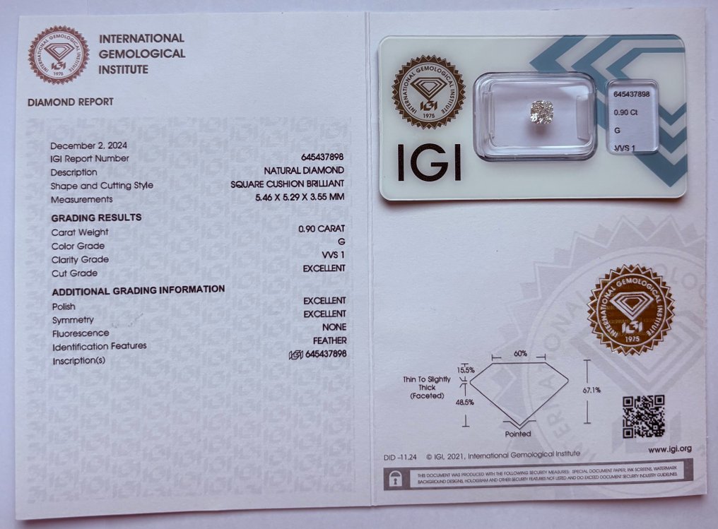 1 pcs 钻石  (天然)  - 0.90 ct - 枕形 - G - VVS1 极轻微内含一级 - 国际宝石研究院（IGI） - Ex Ex Ex 无 #3.2