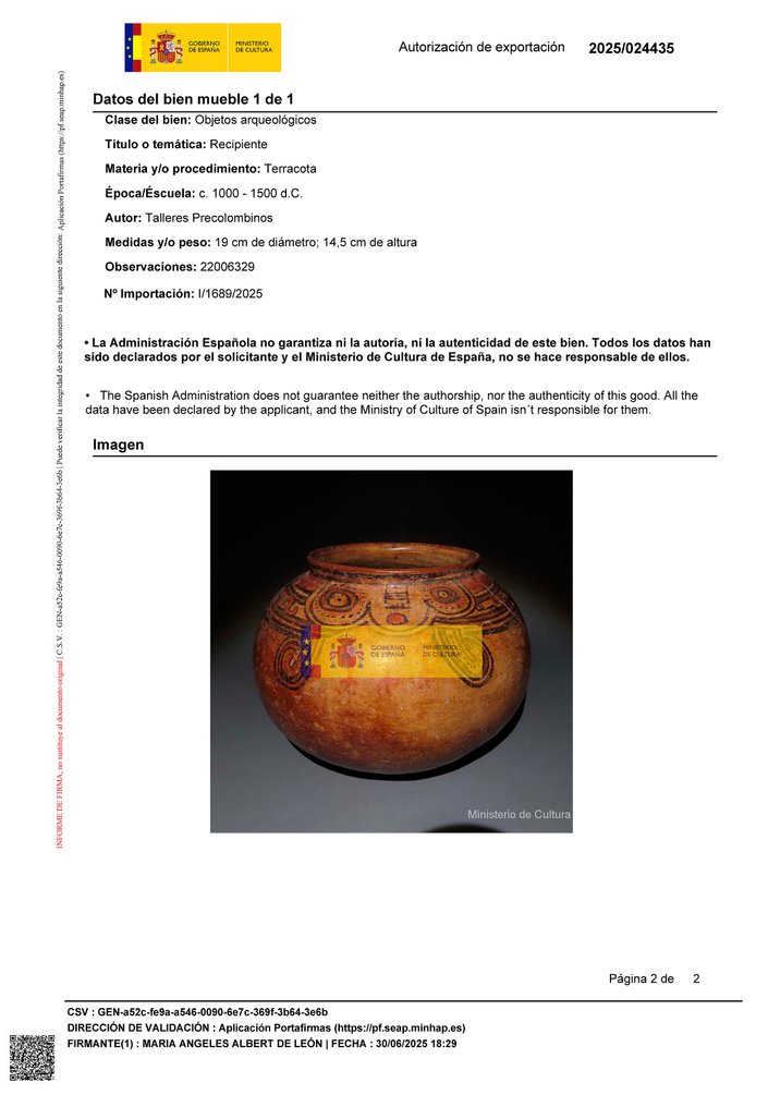 Costa Rica Terrakotta Fartyg. 1000 - 1500 e.Kr. Diameter 19 cm. Spanskt exportlicens. #2.1