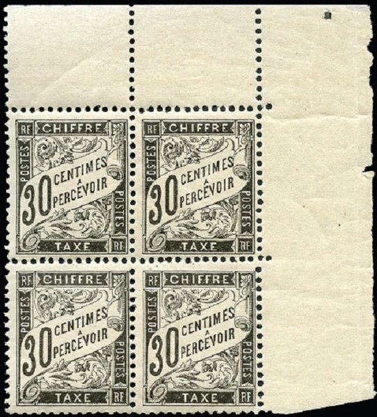 法国 1882 - 税务，Duval 黑色类型，30厘米黑色，豪华4块装，证书 - Yvert Taxe 18 #1.0