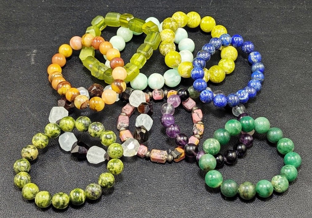 Fluorite, Rhodonite, Lapis, Aragonite, Calcite, Jasper & Jade Serpentine Bracelets carved from Natural Crystals - Height: 220 mm - Width: 220 mm- 430 g - (10) #1.0