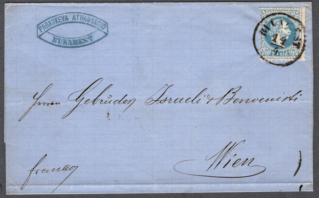 Levant (ρουμανικά ταχυδρομεία)  - Αυστριακός Λεβάντης / Ουγγαρία 1868, Βουκουρέστι - Βιέννη, φρέσκια κάλυψη με 10S - μονογράφημα, #1.0