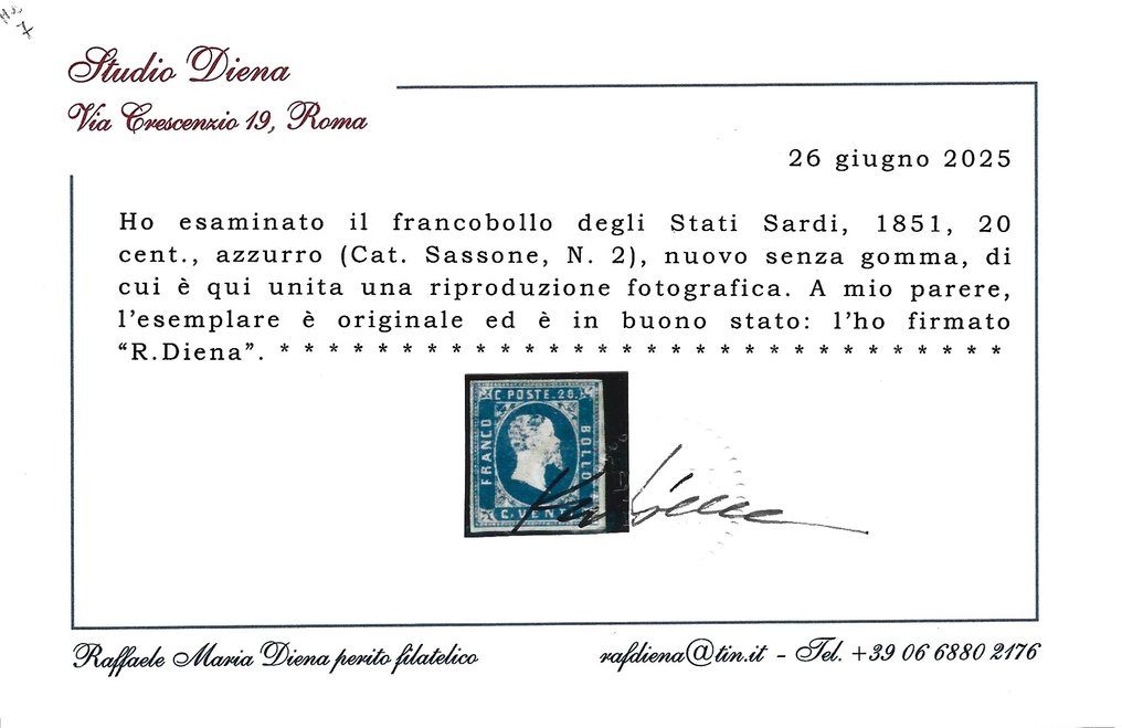 Anciens états italiens - Sardaigne 1851 - 20c - Sassone 2 #2.1