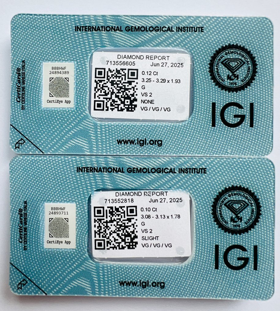 Ei pohjahintaa - 2 pcs Timantti (Luonnollinen) - 0.22 ct - Pyöreä - G - VS2 - Kansainvälinen gemologinen instituutti (IGI) - Matching Pair VG #1.0