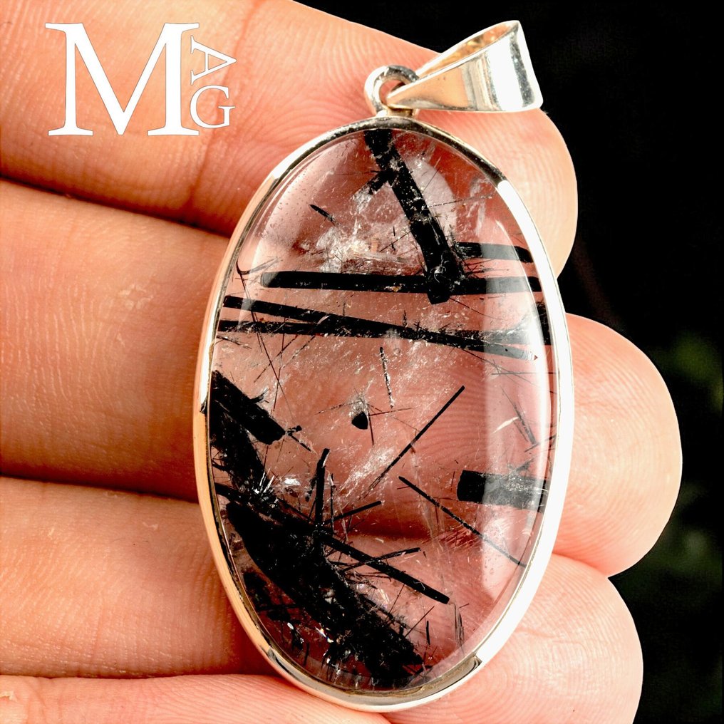 最佳品质电气石石英宝石——大型电气石包裹体——认证意大利银饰品 - 高度: 52 mm - 闊度: 26 mm- 17 g #1.0