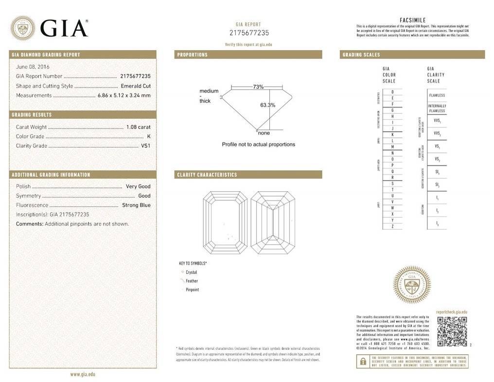 1 pcs 钻石  (天然)  - 1.08 ct - 祖母绿 - K - VS1 轻微内含一级 - 美国宝石研究院（GIA） #2.1