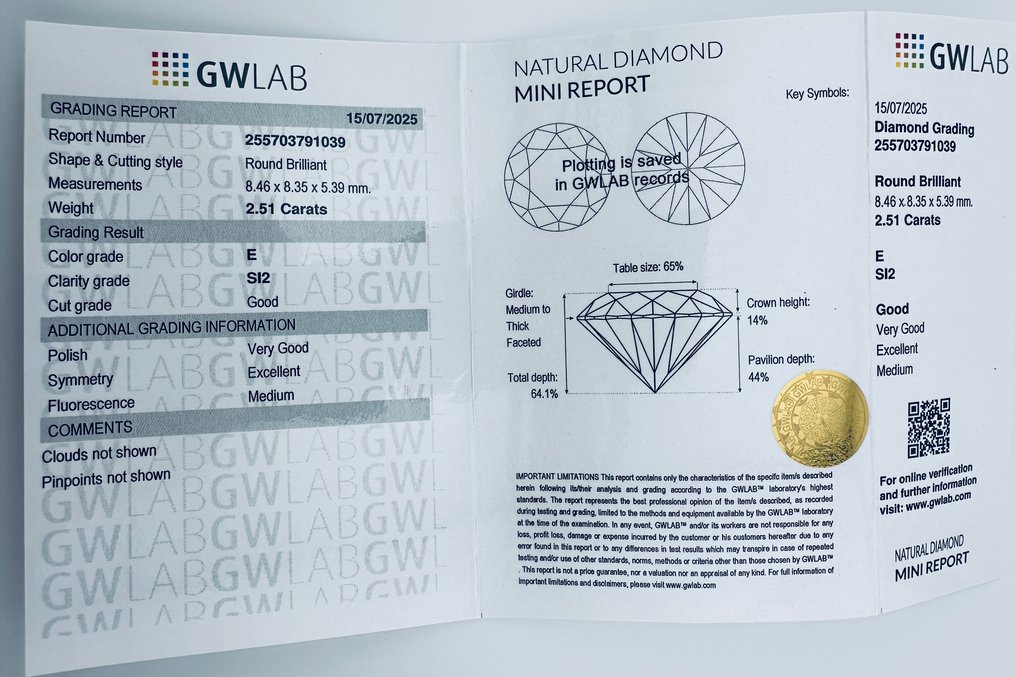 1 pcs Διαμάντι  (Φυσικό)  - 2.51 ct - Στρογγυλό - E - SI2 - Gemewizard Gemological Laboratory (GWLab) - φυσικό #4.3