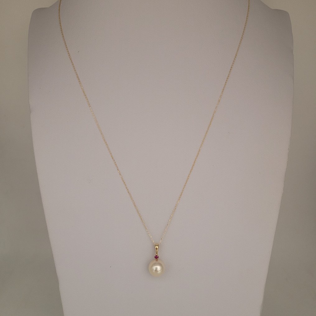 没有保留价 - 项链 - 18K包金 黄金 珍珠 - 红宝石 - Akoya 8-8.5 毫米 #2.1