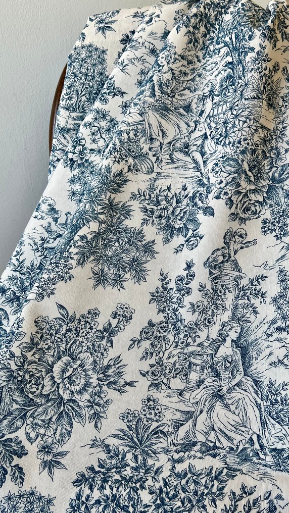 Dobbelt bredt toile de jouy-stoff i marineblå for dekorasjon og polstring. - Tekstil - 300 cm - 280 cm #1.0