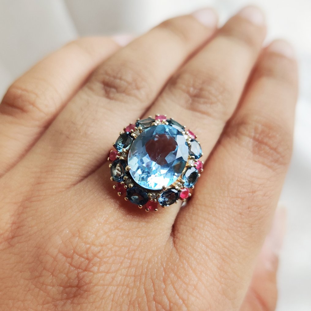 鸡尾酒戒指 - 14K包金 黄金 -  7.67ct. tw. 黄宝石 - 钻石 - 托帕石红宝石钻戒 #4.3