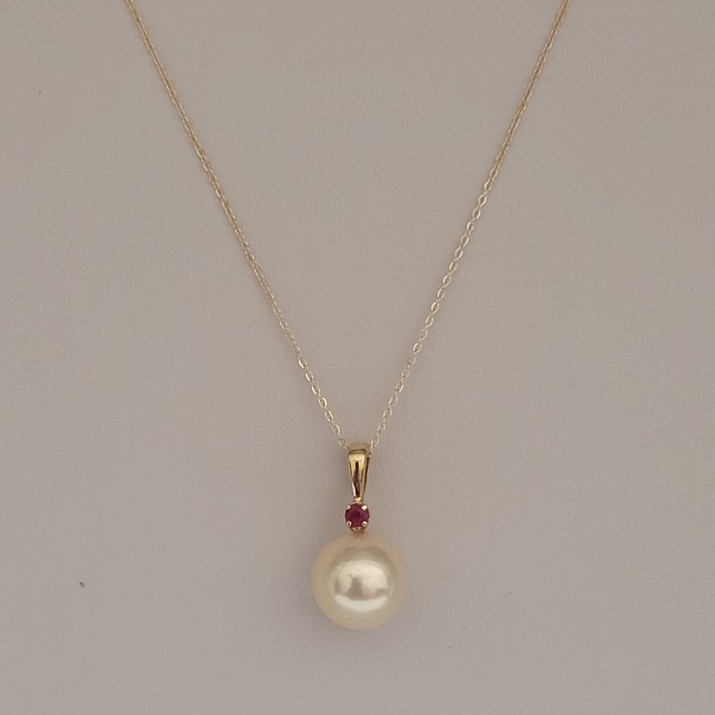 没有保留价 - 项链 - 18K包金 黄金 珍珠 - 红宝石 - Akoya 8-8.5 毫米 #3.2