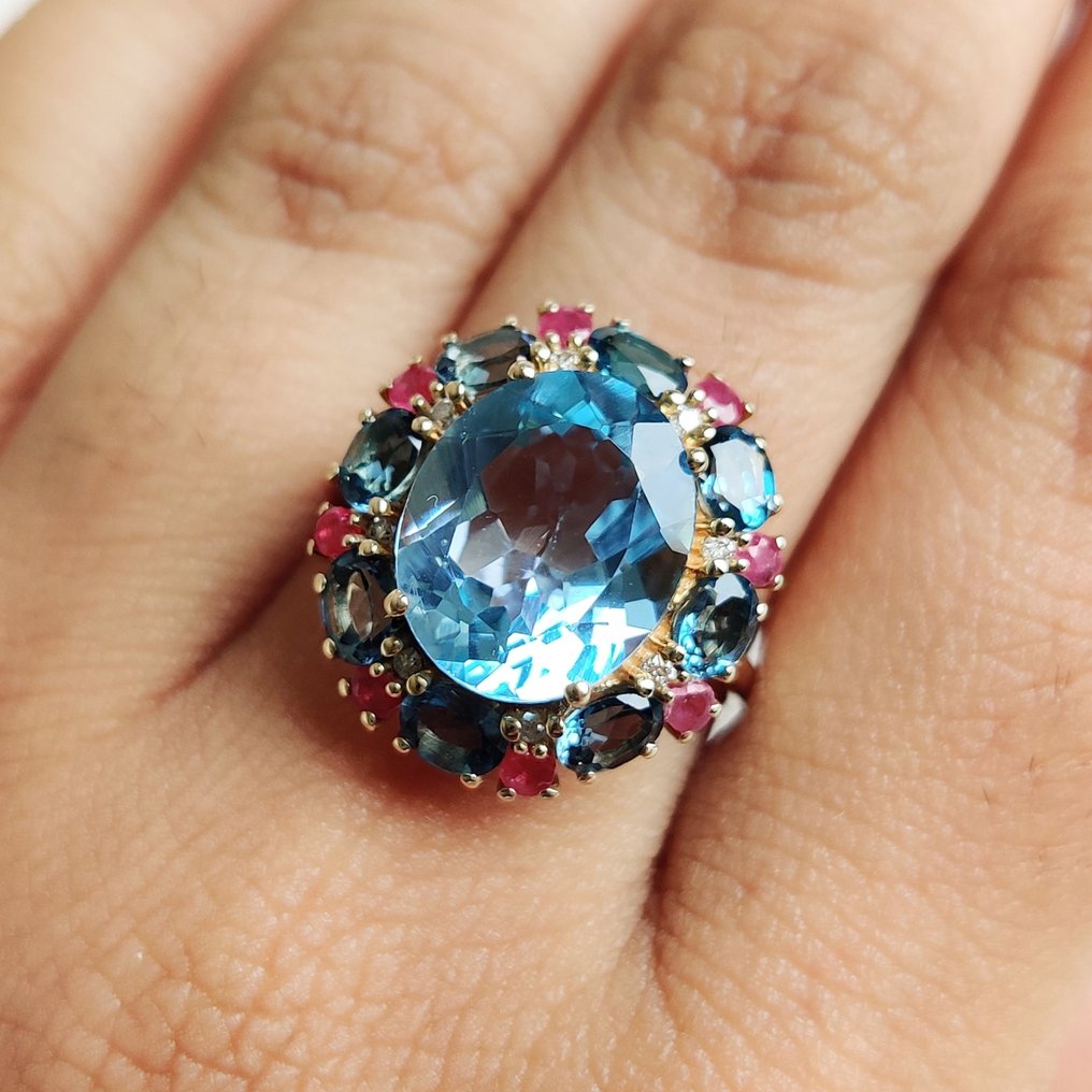 鸡尾酒戒指 - 14K包金 黄金 -  7.67ct. tw. 黄宝石 - 钻石 - 托帕石红宝石钻戒 #3.2