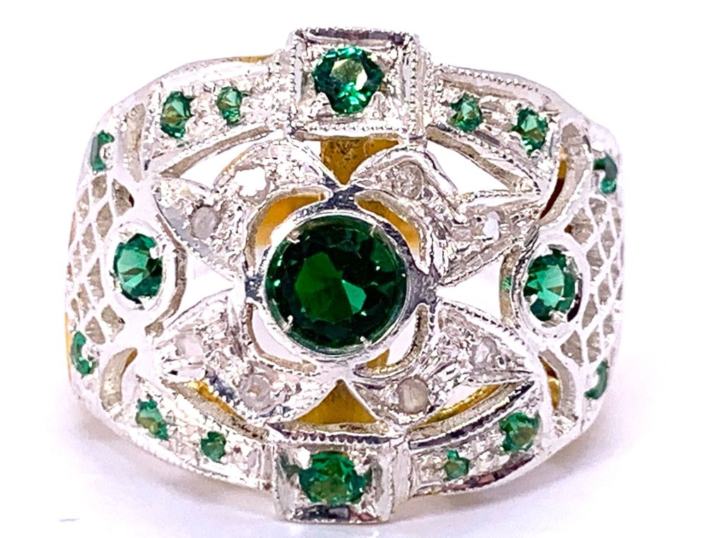 Ingen mindstepris - Ring - 9 kt. Gulguld, Sølv Smaragd - Smaragd - Diamanti #2.1
