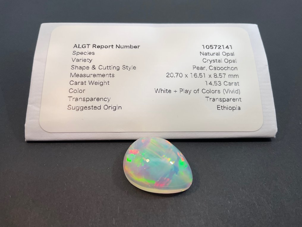 Hvid Opal  - 14.53 ct - Antwerp Laboratory for Gemstone Testing (ALGT) - Fint farvekvalitet #1.0