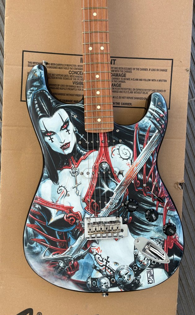 "Claudia" - Guitar, Fender Stratocaster decorated with a drawing by Olivier Ledroit. - 2024 - Certificate, Limited & numbered edition, Hand signed in person #1.0