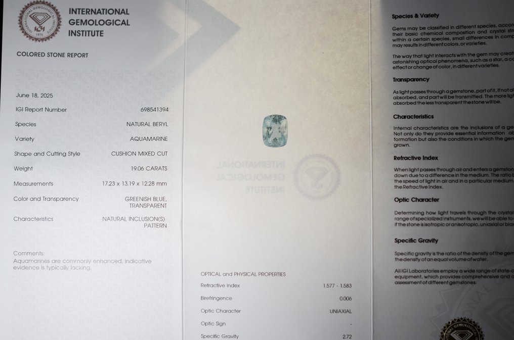 藍色 海藍寶石  - 19.06 ct - 國際寶石學院（International Gemological Institute (IGI)） #3.2