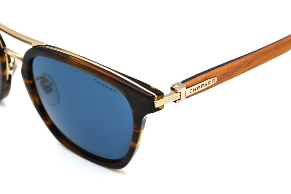 Chopard - SCHC91 9FMP - Wood & Acetate + Gold Metal - Blue Polarized Lenses *New Sunglasses* - Aurinkolasit #4.3